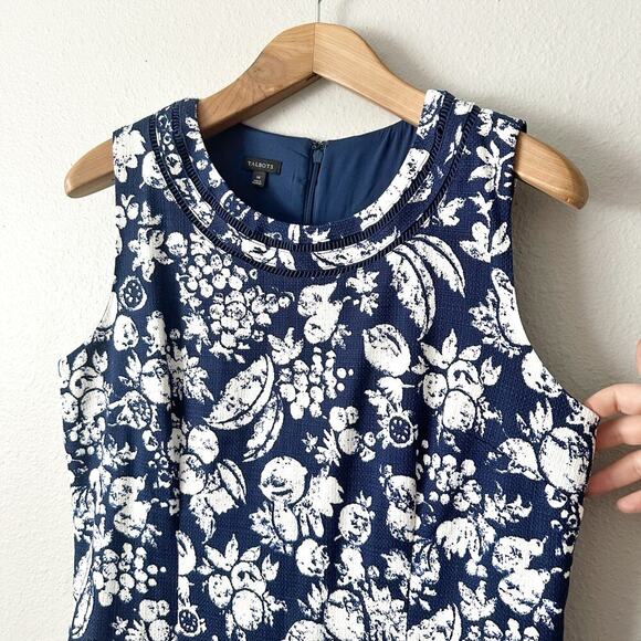 Talbots Mixed Fruit Cotton Textured Navy White Sleeveless Dress Women’s Size 14 - Picture 3 of 12